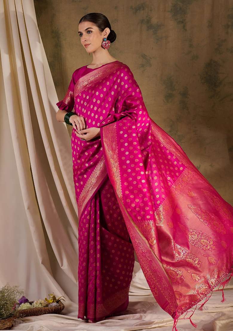Pink Motif Silk Blend Saree Set - Indya