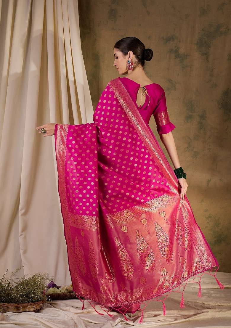 Pink Motif Silk Blend Saree Set - Indya