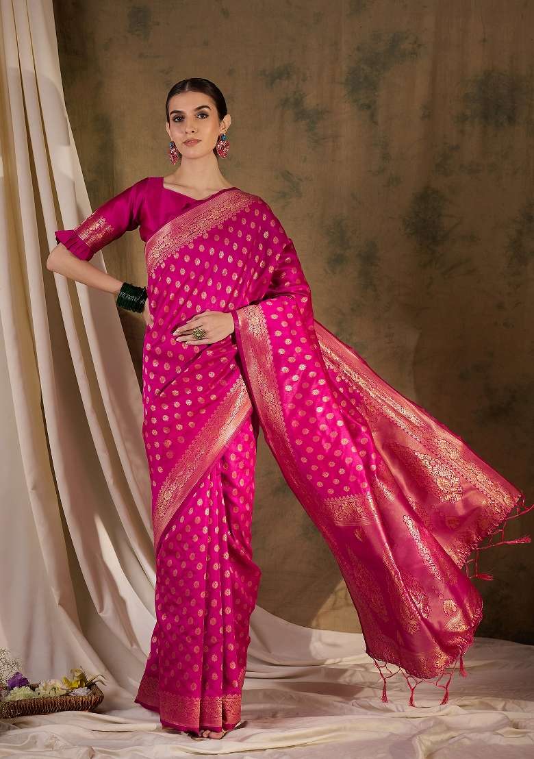 Pink Motif Silk Blend Saree Set - Indya