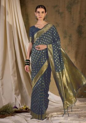 Grey Motif Silk Saree Set