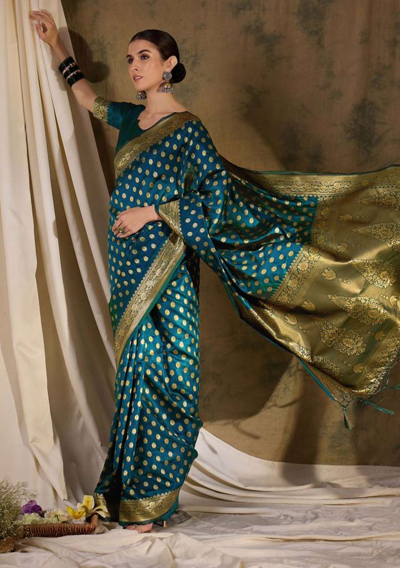 Teal Blue Motif Silk Blend Saree Set - Indya