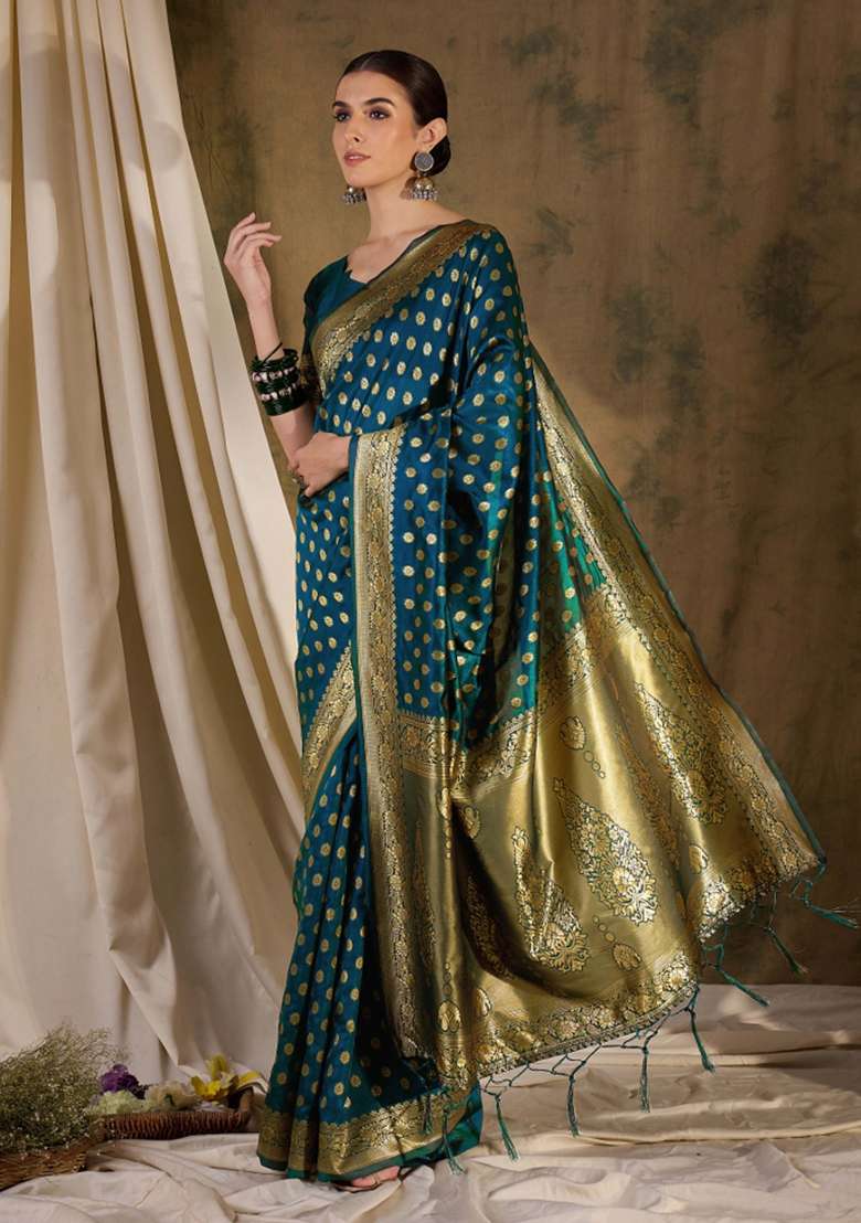 Teal Blue Motif Silk Blend Saree Set - Indya