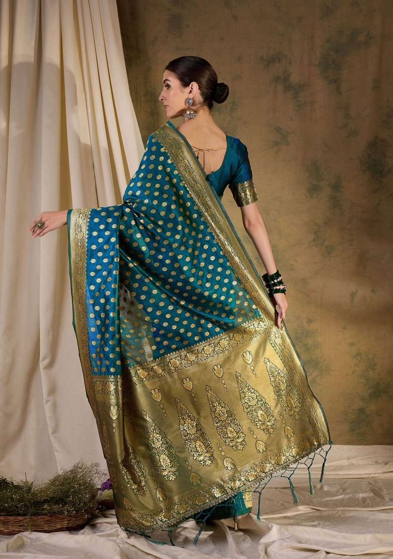 Teal Blue Motif Silk Blend Saree Set - Indya