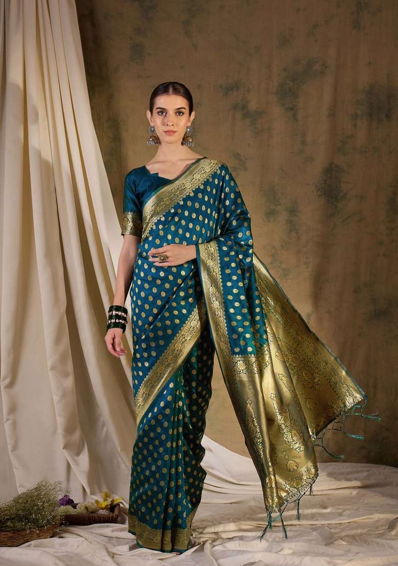 Teal Blue Motif Silk Blend Saree Set - Indya
