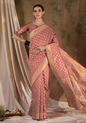 Peach Motif Silk Saree Set