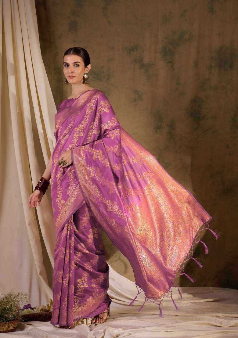 Pink Motif Silk Blend Saree Set - Indya