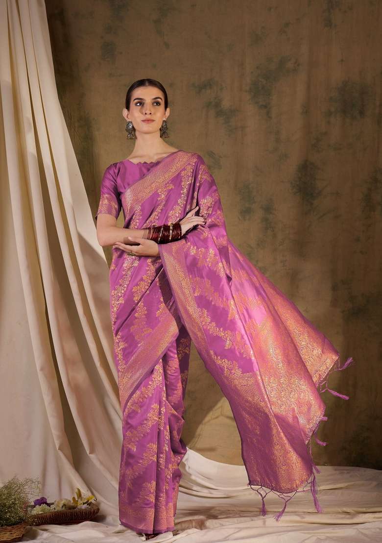 Pink Motif Silk Blend Saree Set - Indya