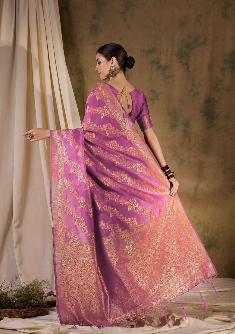 Pink Motif Silk Blend Saree Set - Indya