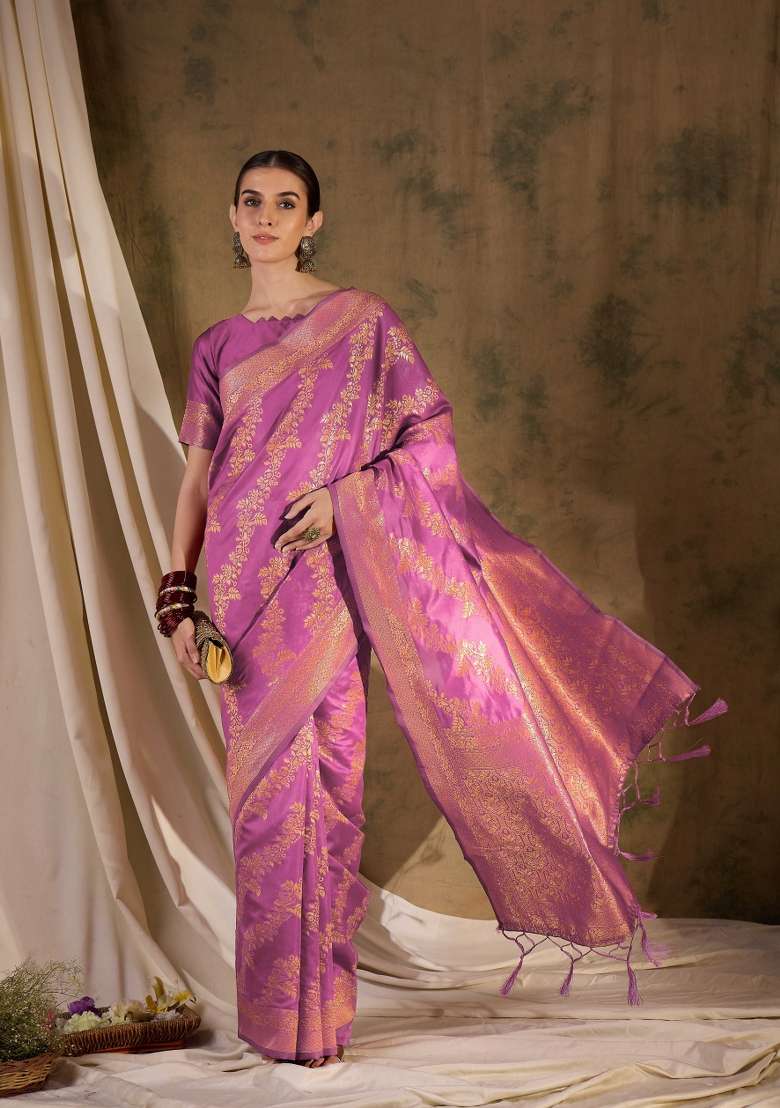 Pink Motif Silk Blend Saree Set - Indya