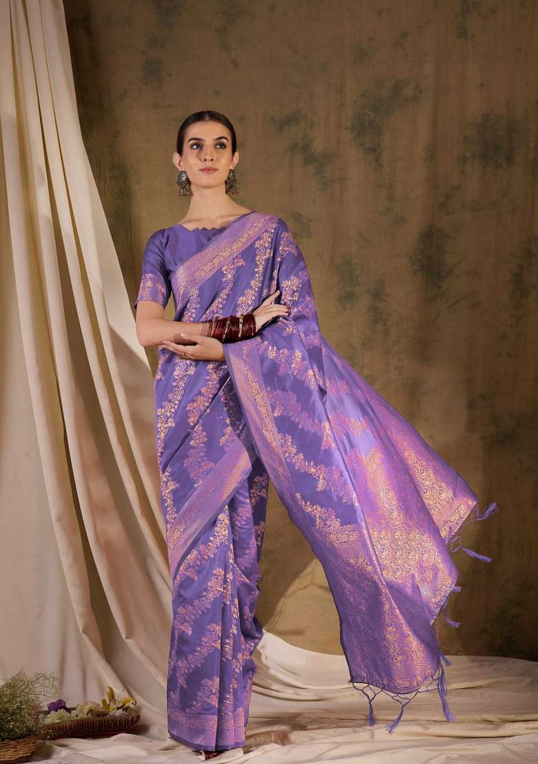 Lavender Motif Silk Blend Saree Set - Indya