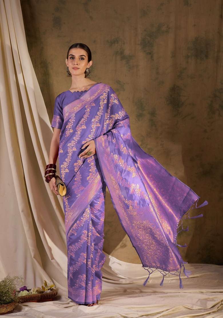 Lavender Motif Silk Blend Saree Set - Indya