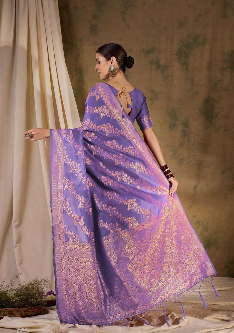 Lavender Motif Silk Blend Saree Set - Indya