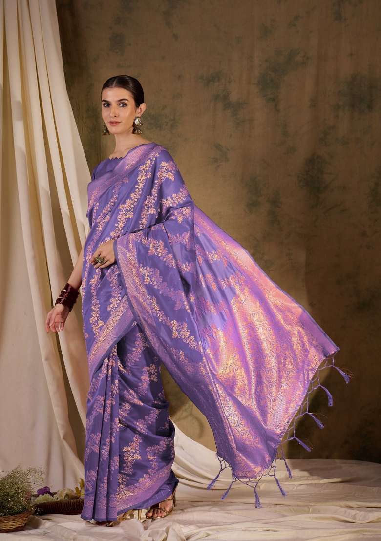 Lavender Motif Silk Blend Saree Set - Indya