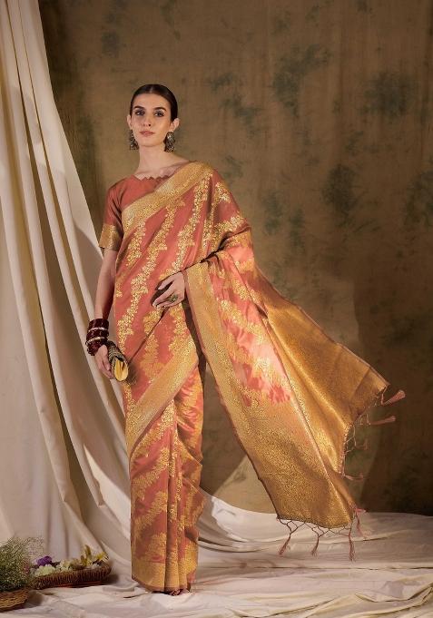 Peach Motif Silk Saree Set