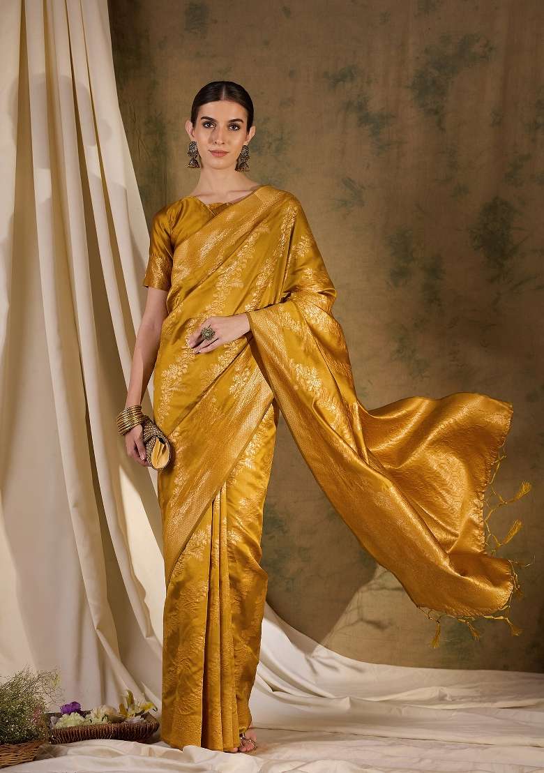Mustard Yellow Motif Silk Blend Saree Set - Indya