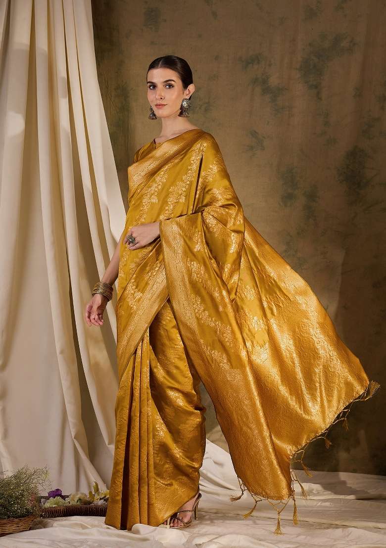 Mustard Yellow Motif Silk Blend Saree Set - Indya