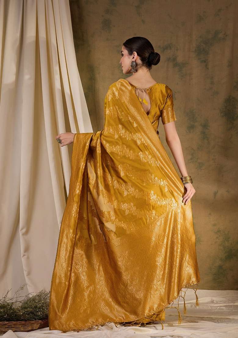 Mustard Yellow Motif Silk Blend Saree Set - Indya