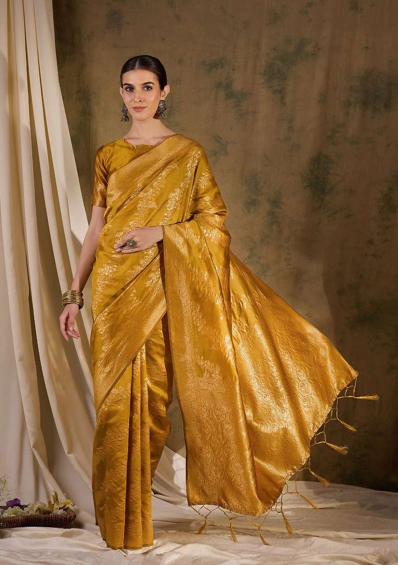 Mustard Yellow Motif Silk Blend Saree Set - Indya