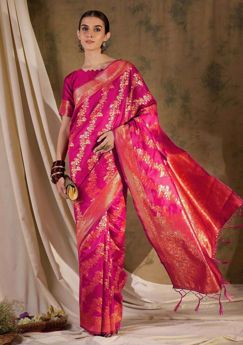 Pink Motif Silk Blend Saree Set - Indya