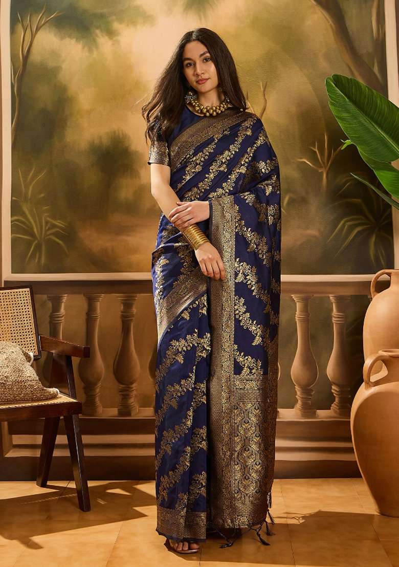 Navy Blue Motif Silk Blend Saree Set - Indya
