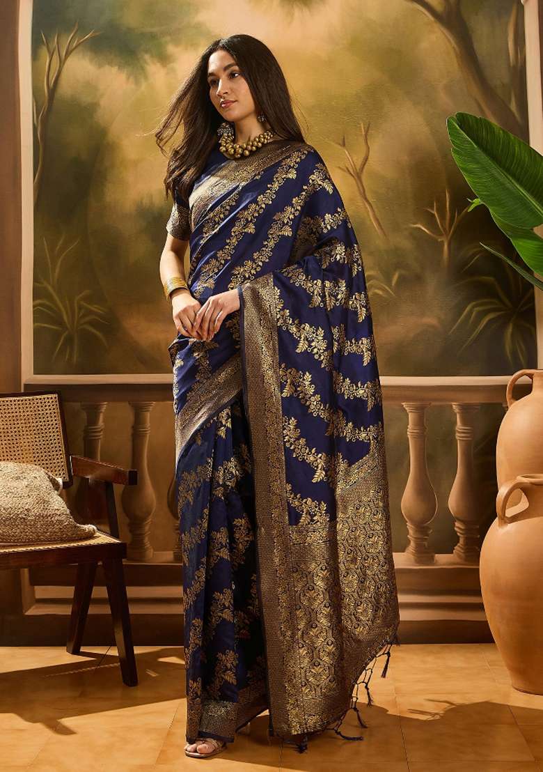 Navy Blue Motif Silk Blend Saree Set - Indya