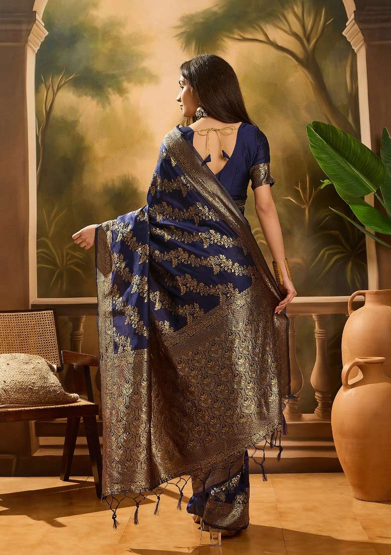 Navy Blue Motif Silk Blend Saree Set - Indya