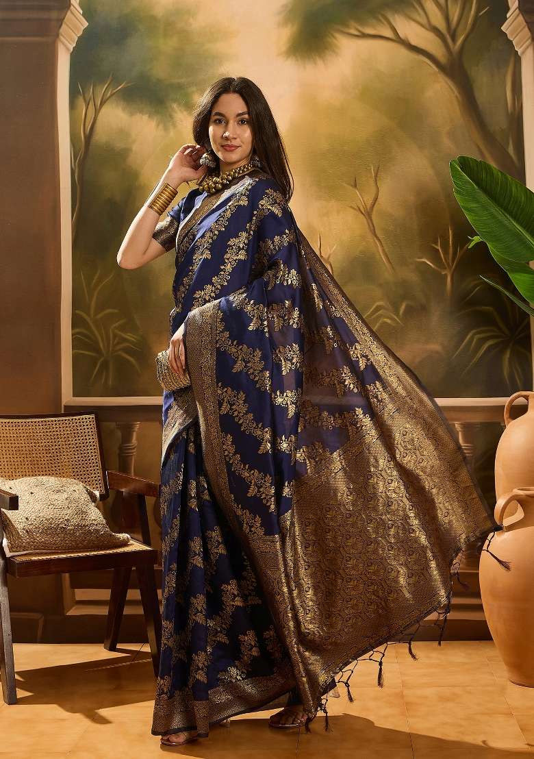 Navy Blue Motif Silk Blend Saree Set - Indya