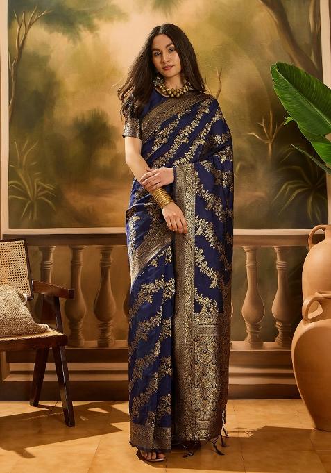 Navy Blue Motif Silk Saree Set