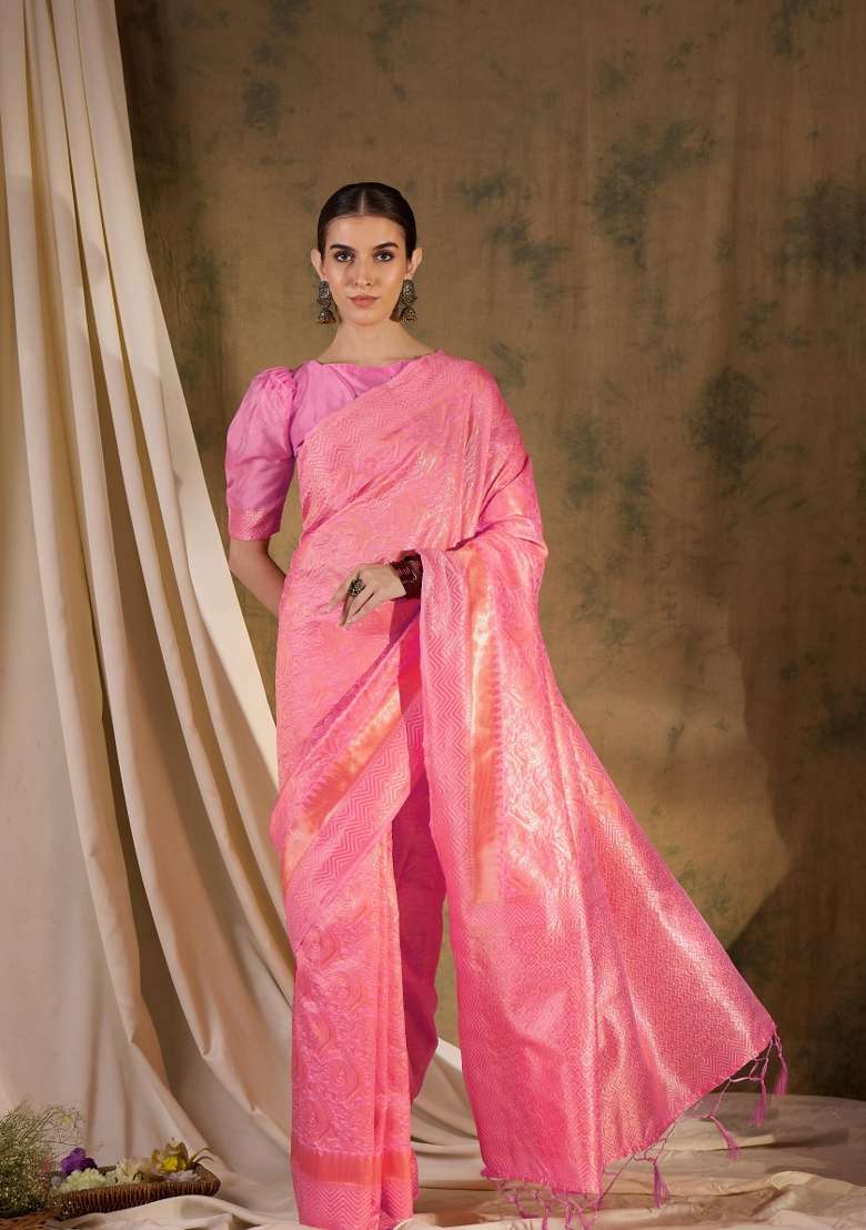 Baby Pink Motif Silk Saree Set - Indya