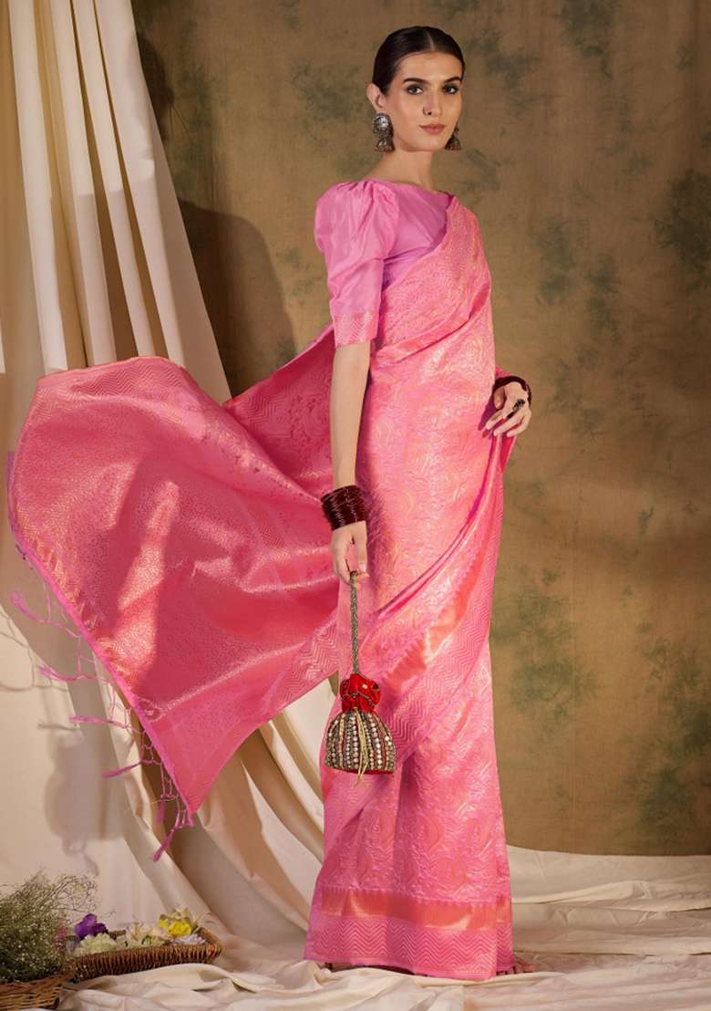 Baby Pink Motif Silk Saree Set - Indya