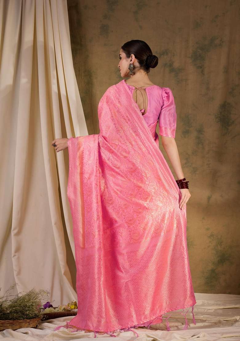 Baby Pink Motif Silk Saree Set - Indya