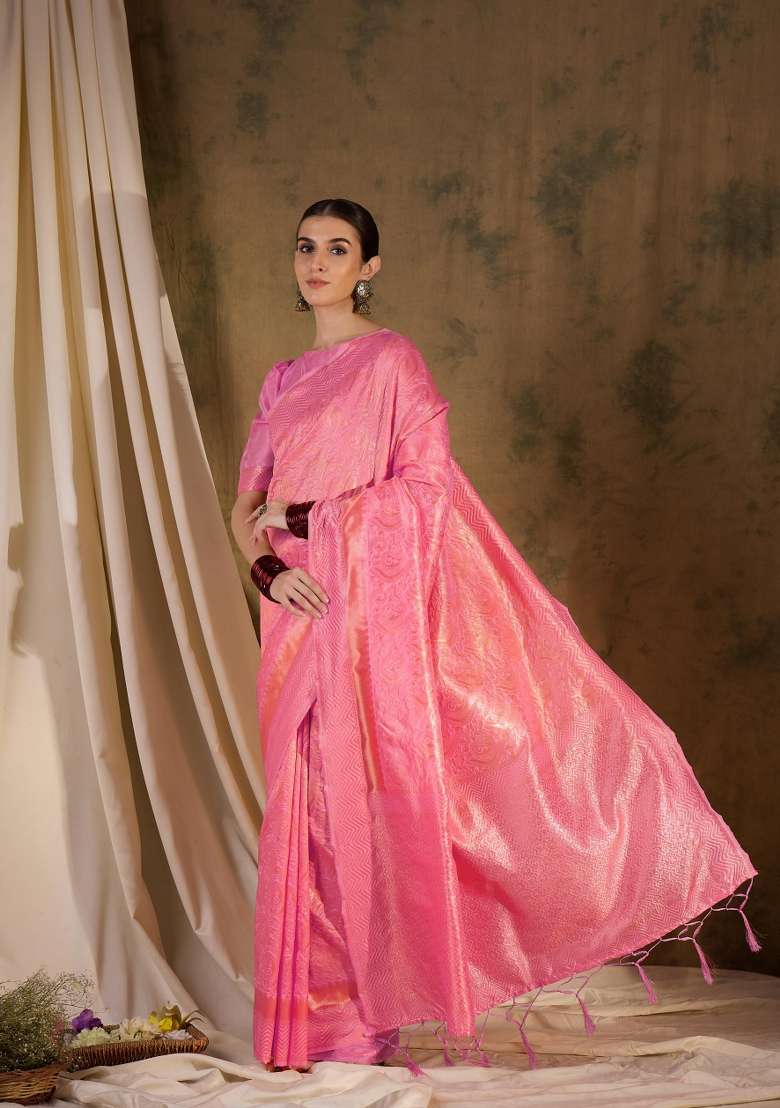 Baby Pink Motif Silk Saree Set - Indya