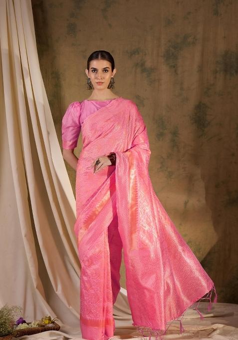 Baby Pink Motif Silk Saree Set