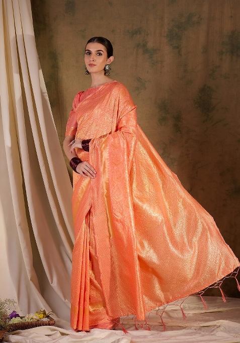 Peach Motif Silk Saree Set