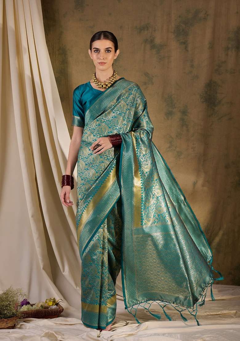 Teal Motif Silk Saree Set - Indya