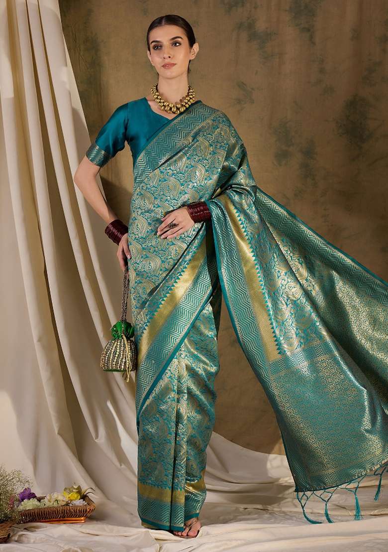 Teal Motif Silk Saree Set - Indya