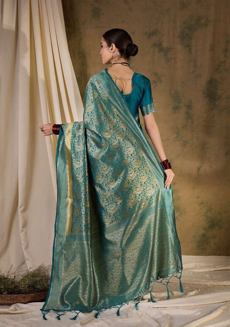 Teal Motif Silk Saree Set - Indya