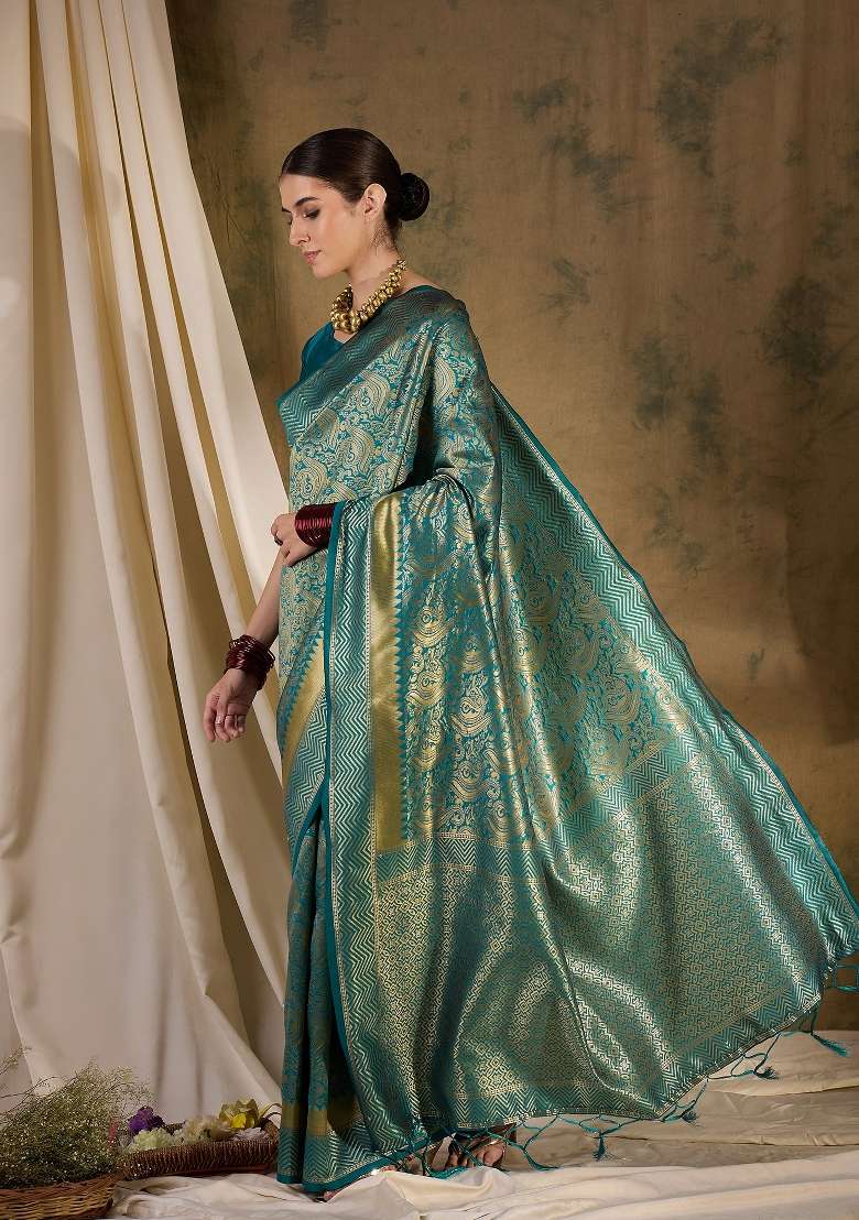 Teal Motif Silk Saree Set - Indya