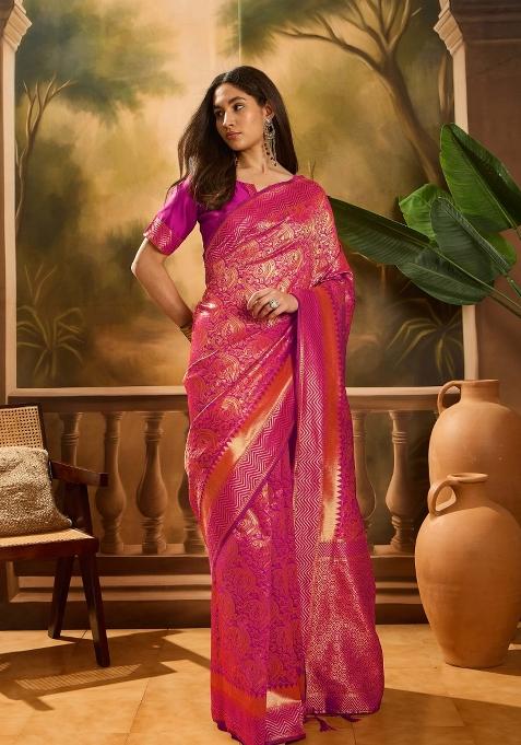 Pink Motif Silk Saree Set