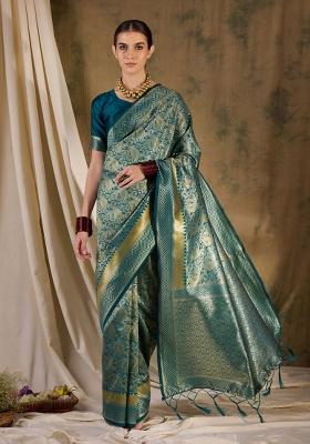 Teal Blue Motif Silk Saree Set