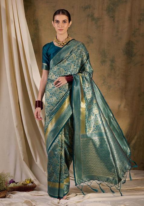 Teal Blue Motif Silk Saree Set