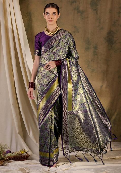 Burgundy Motif Silk Saree Set