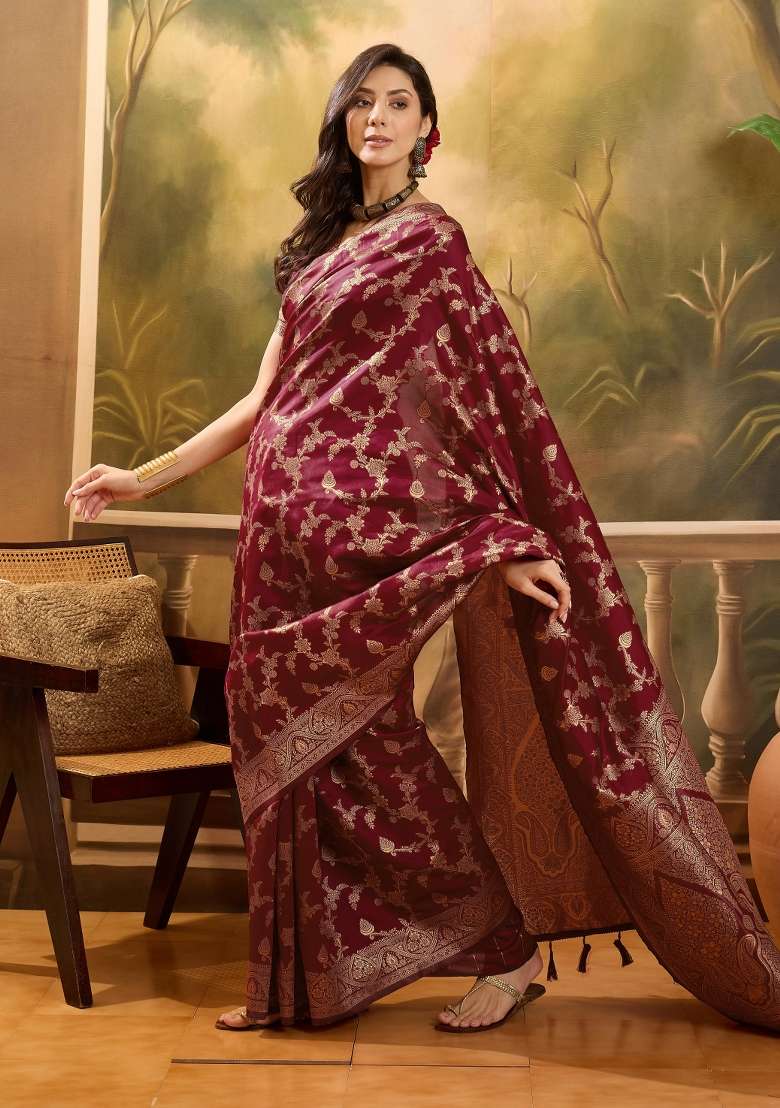 Maroon Motif Jacquard Saree Set - Indya