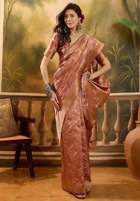 Peach Motif Jacquard Saree Set