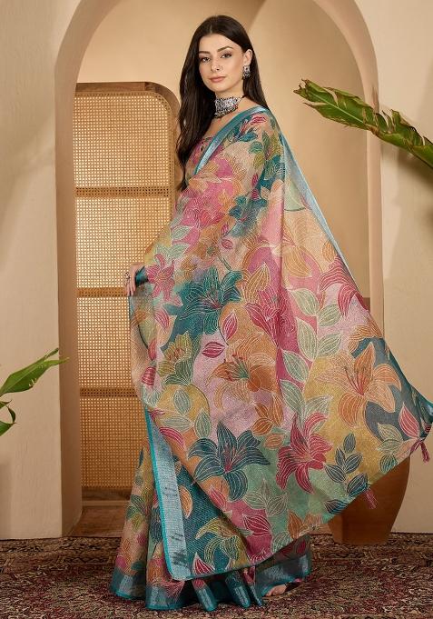 Multicolour Printed Linen Saree Set