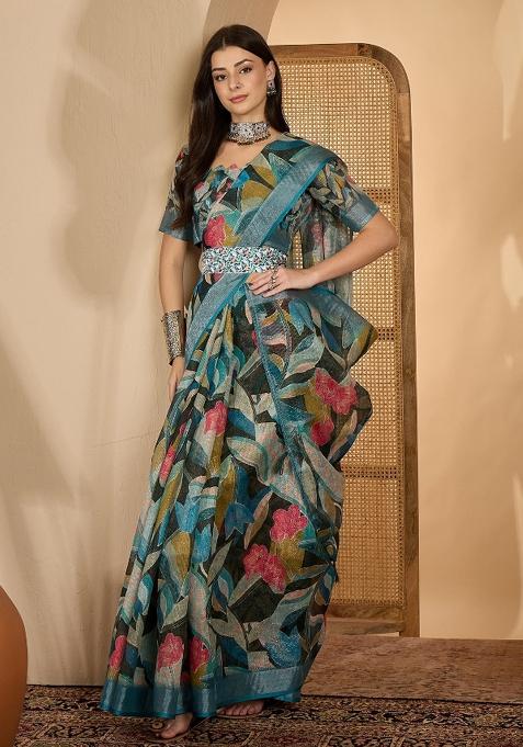 Teal Printed Linen Saree Set