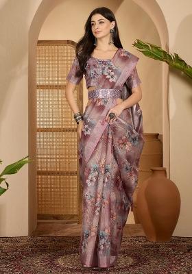 Dusty Pink Printed Linen Saree Set