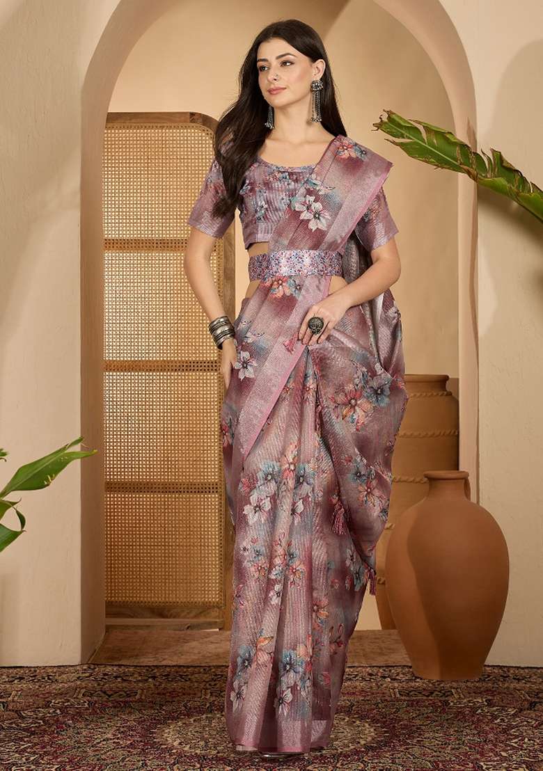 Dusty Pink Printed Linen Saree Set - Indya