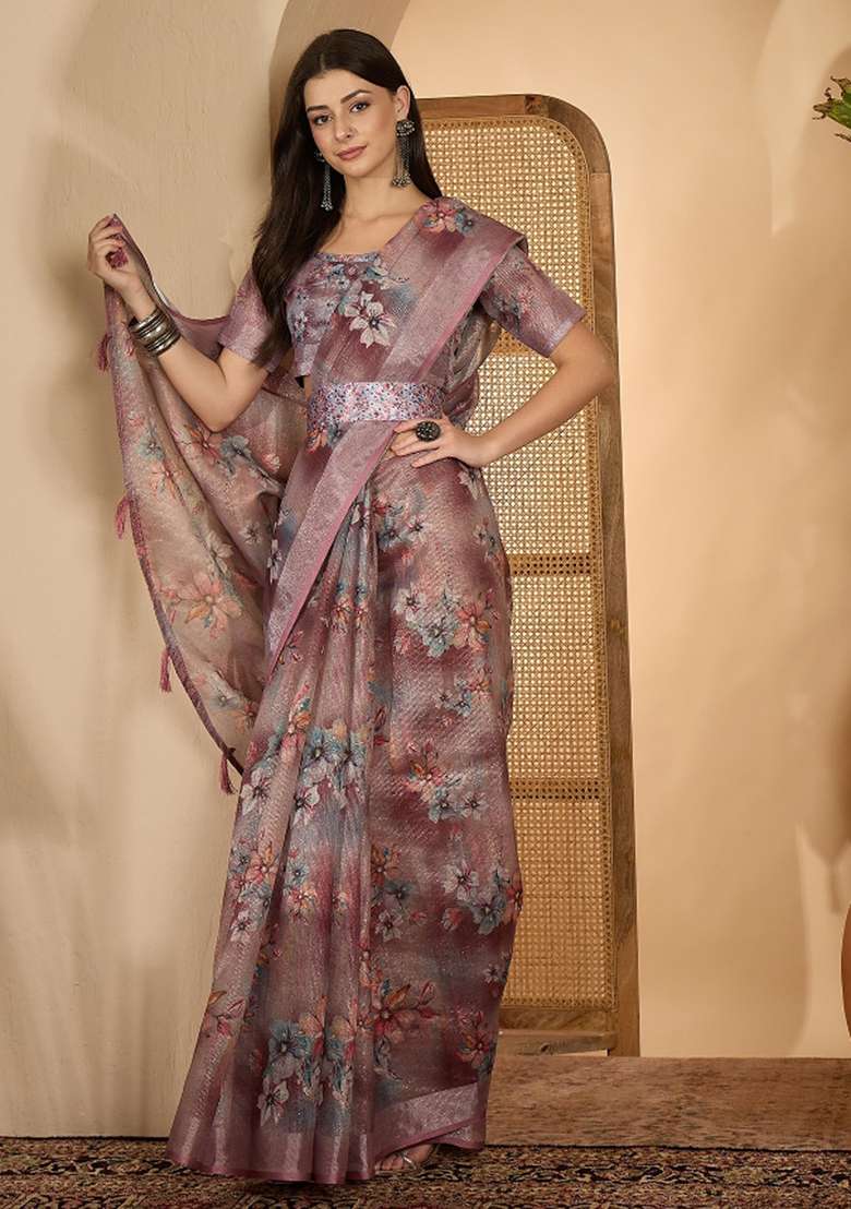 Dusty Pink Printed Linen Saree Set - Indya
