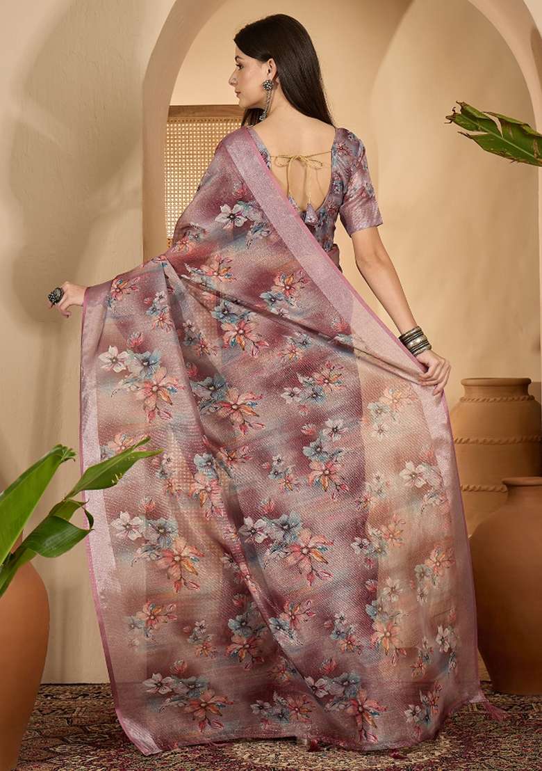 Dusty Pink Printed Linen Saree Set - Indya